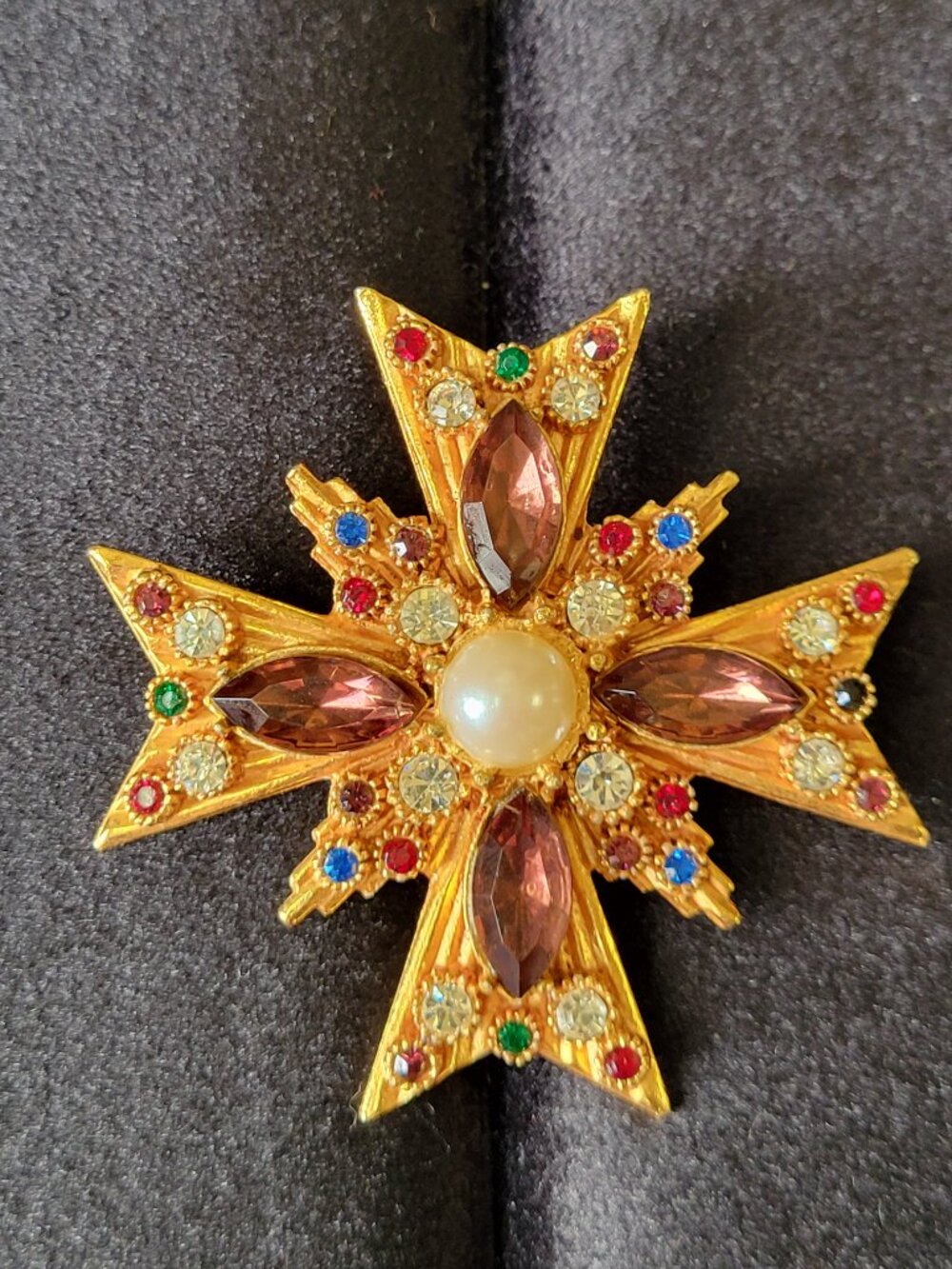 Vintage Maltese Cross Brooch Sphinx Style 1980 Gold Tone Topaz Jeweled UNSIGEND